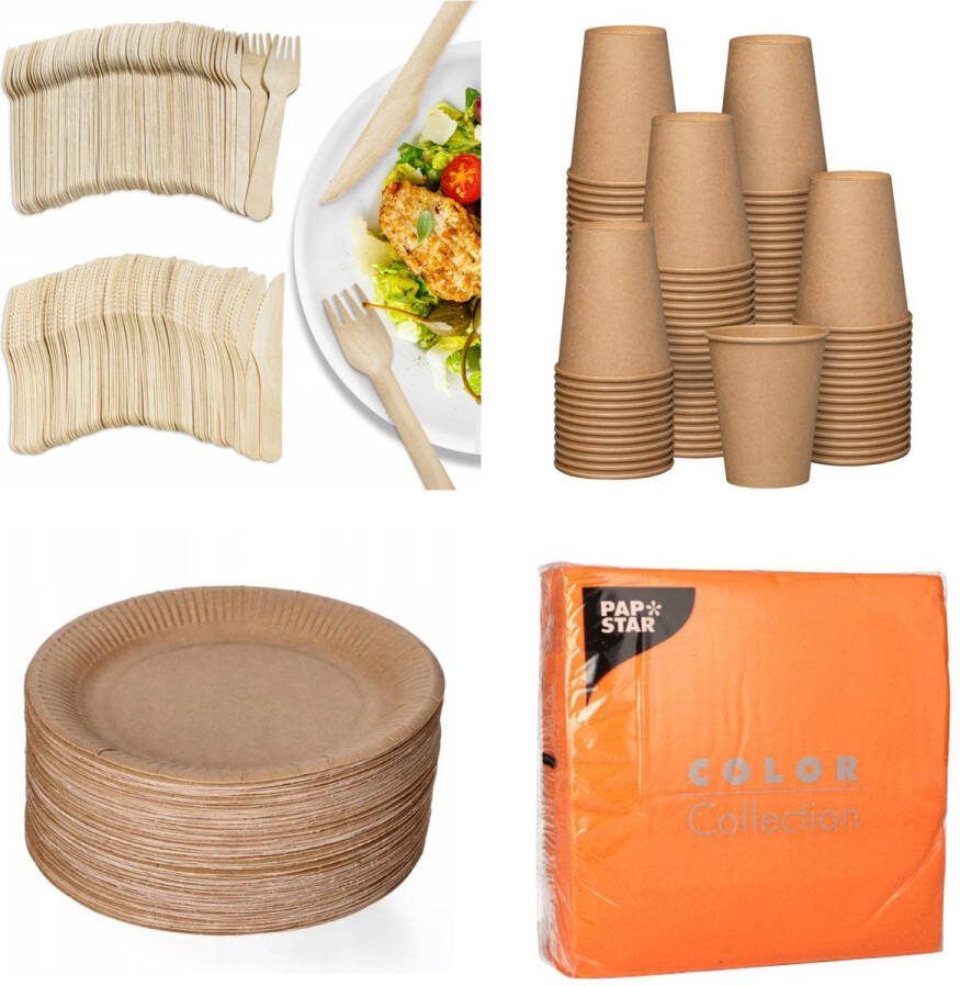 500 stuks x Houten wegwerp bestek set eco milieubewust 100 kartonnen borden 23cm + 100 kartonnen bekers 240ml+ 100 Vorken 16cm+100 messen 16cm+ 100 bio servetten oranje 33x33cm