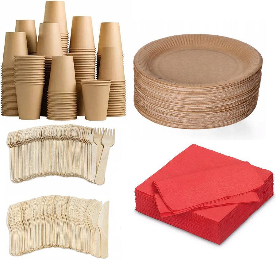 500 stuks x Houten wegwerp bestek set eco milieubewust 100 kartonnen borden 23cm + 100 kartonnen bekers 240ml+ 100 Vorken 16cm+100 messen 16cm+ 100 bio servetten rood 33x33cm