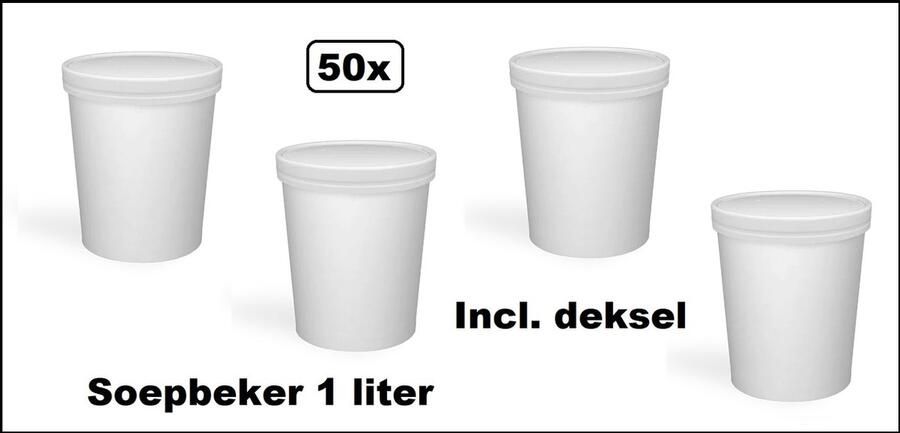 50x Soepbeker karton 1 liter met deksel wit Soep salade beker festival warme dranken maaltijd carnaval
