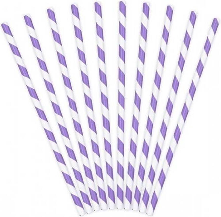 50x stuks gestreepte rietjes van papier lila paars wit Verjaardag feestartikelen