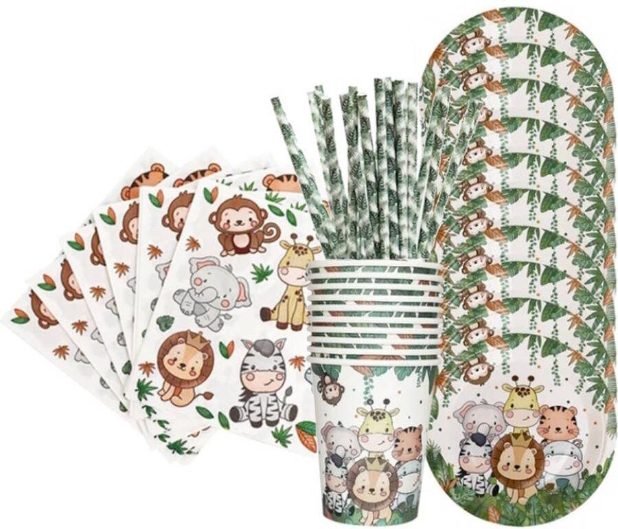 52 delige jungle feestset. Bevat 10 kartonnen bordjes 10 kartonnen bekers 20 papieren servetten en 12 papieren rietjes. Leeuw Giraffe Olifant Zebra Tijger Nijlpaard Aap regenwoud savanne dieren