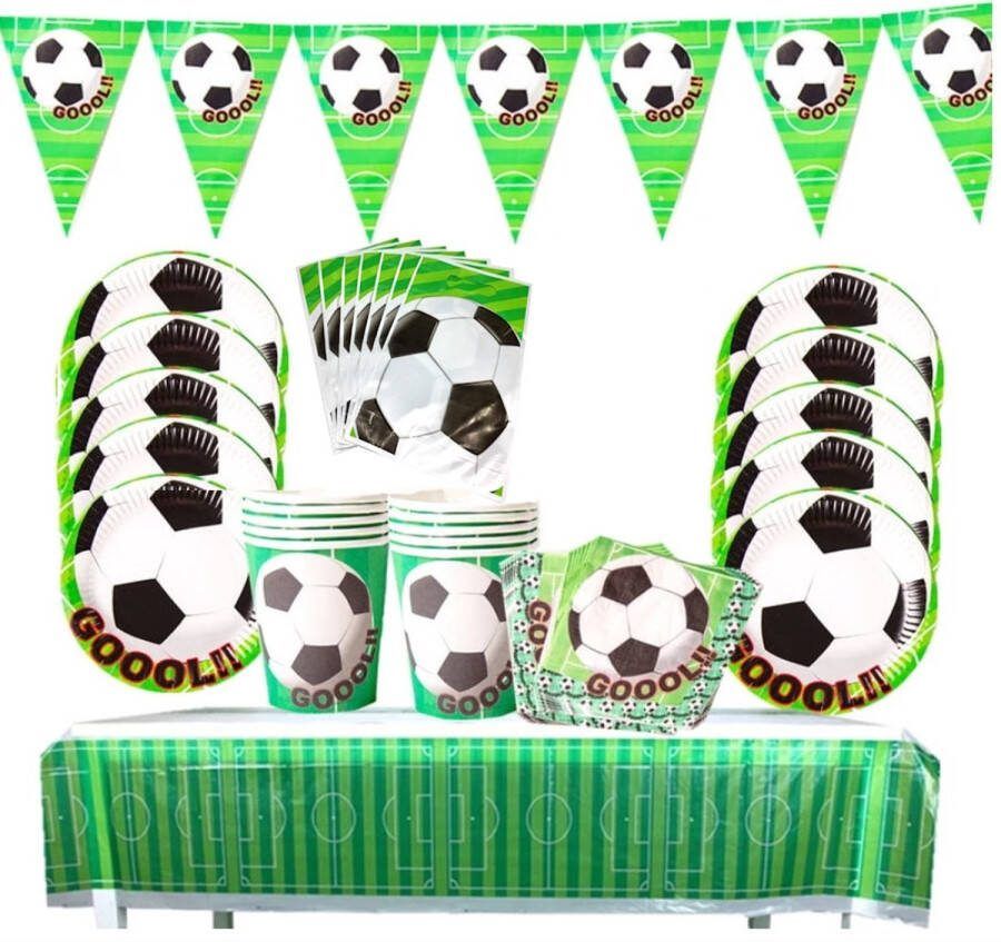 52 delige voetbal feest decoratie set Uitdeel Traktatie Football Verjaardag Feestje Servetten Bekers Bordjes Slinger Vlaggetjes Tafelzeil Uitdeelzakjes -Goal