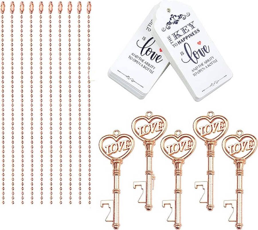 52 stks Hartvorm met LOVE Vintage Skelet Sleutel flesopener Bruilofts Gunsten Gast Souvenir Cadeauset met Bedanktag en Sleutelhanger (Antiek Goud)