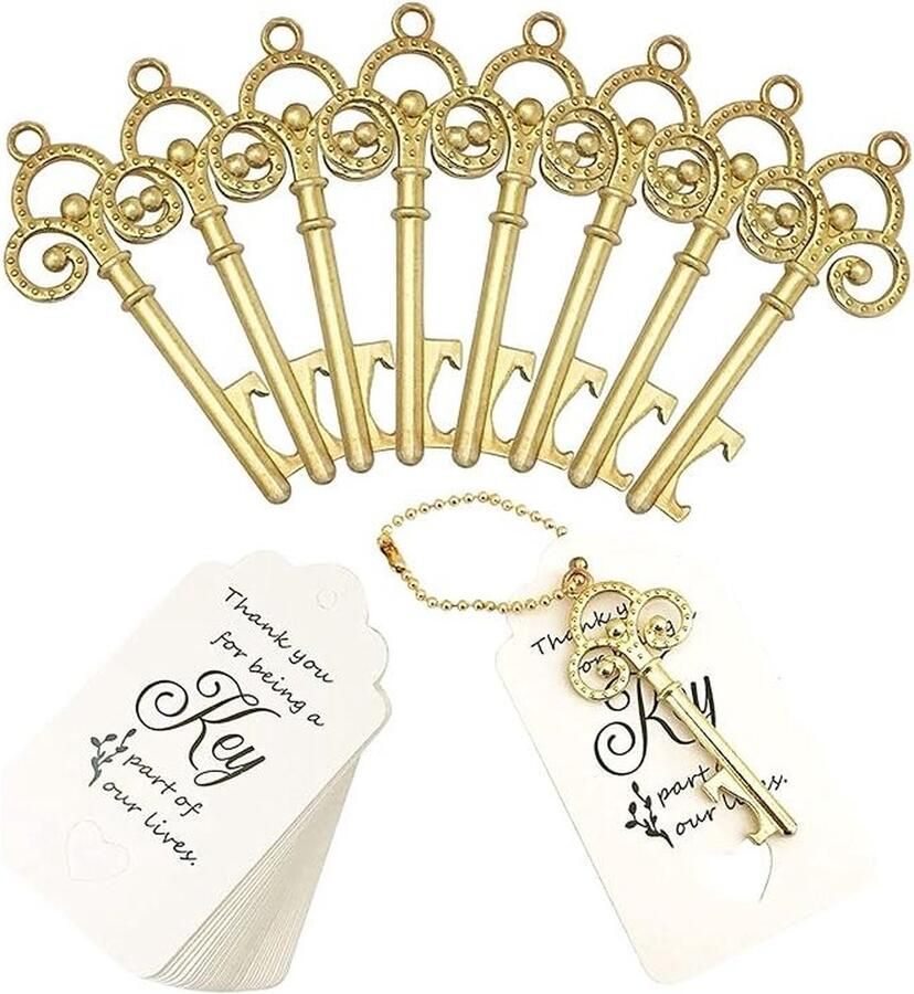 53-Delig Sleutelvormige Flesopeners Set Uitgeef Cadeautjes Gouden Vintage Skeletontwerp Perfect voor Bruilofts- en Feestgeschenken met Begeleidende Kaarten en Sleutelhangers
