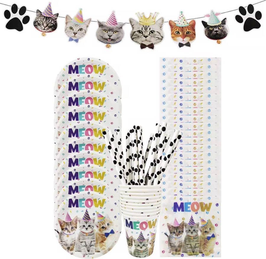 53 delige katten feestset. Bevat 10 kartonnen bordjes 10 kartonnen bekers 20 papieren servetten 12 papieren rietjes en 1 slinger. Cats Kater Poes Poezen Poesjes Kattenfan dieren