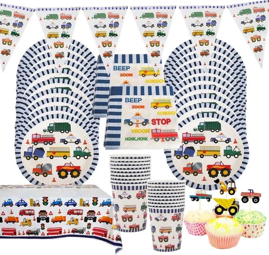 54 delige voertuigen feestset. Bevat 10 kartonnen bordjes 10 kartonnen bekers 20 papieren servetten 1 tafelzeil 12 (cup)cake prikkers en 1 slinger met vlaggetjes. Auto Brandweerwagen Bus Werkvoertuigen Politiewagen Vui