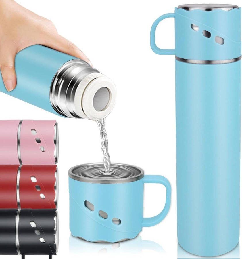 550 ml Thermosbeker met Beker en Handvat Lekvrije Roestvrij Stalen Thermosfles Zeswanden Vacuüm Isolatiefles Houdt 12 uur Warm 12 uur Koud Blauw