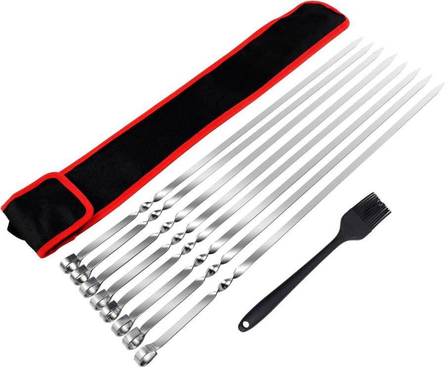 55cm Roestvrijstalen Spiesjes 8 Stuks Platte BBQ Spiesjes Olieborstel en Opbergtas Extra Lange Metalen Spiesjes voor Vlees en Groenten BBQ Feestjes