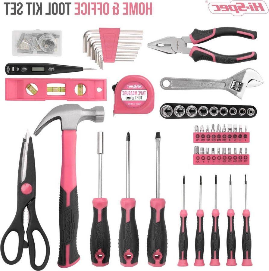 56-delige Roze DHZ Gereedschapset in Draagkoffer Compleet voor Vrouwelijke Klussers Thuis & Hobbygebruik met Hamer en Boormachine