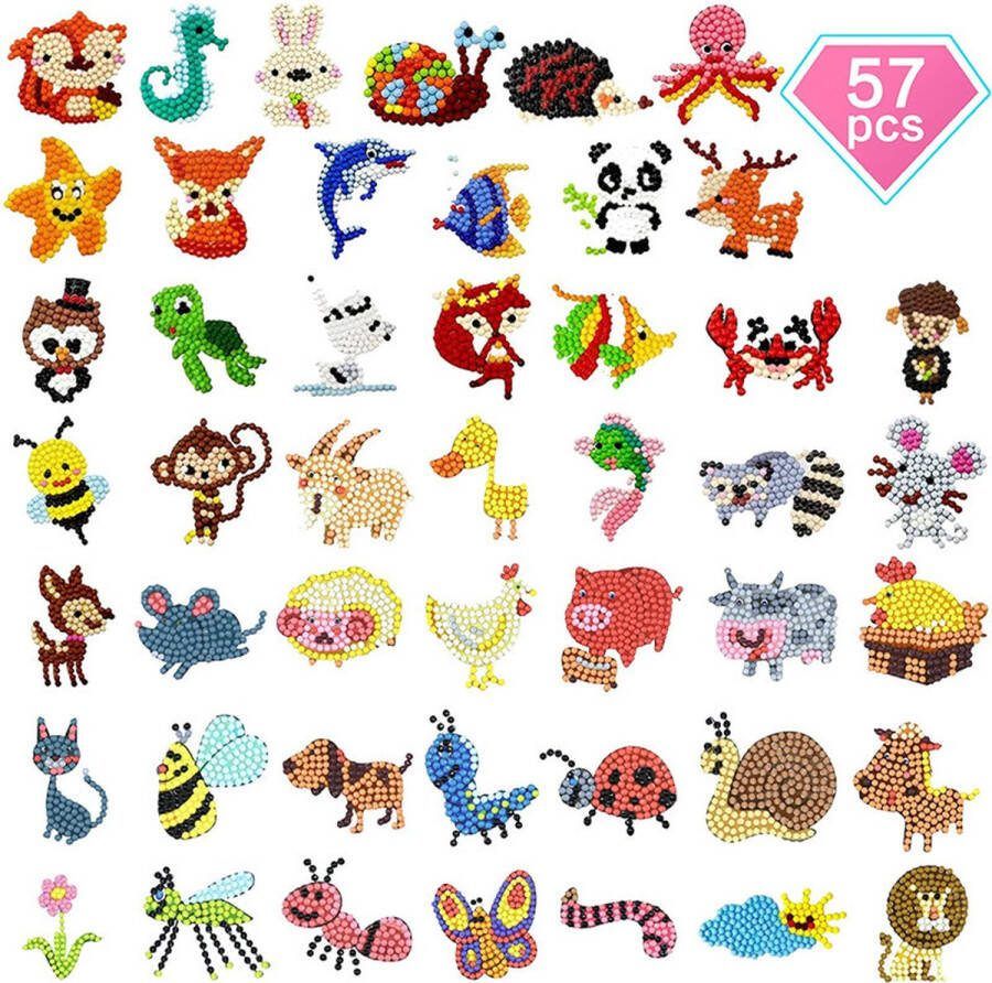 57 PCS Diamond Painting Kit DIY Diamond Sticker Kit voor kinderen Diamantschilderij Kinderpatroon dier-plant Mozaïek Foto