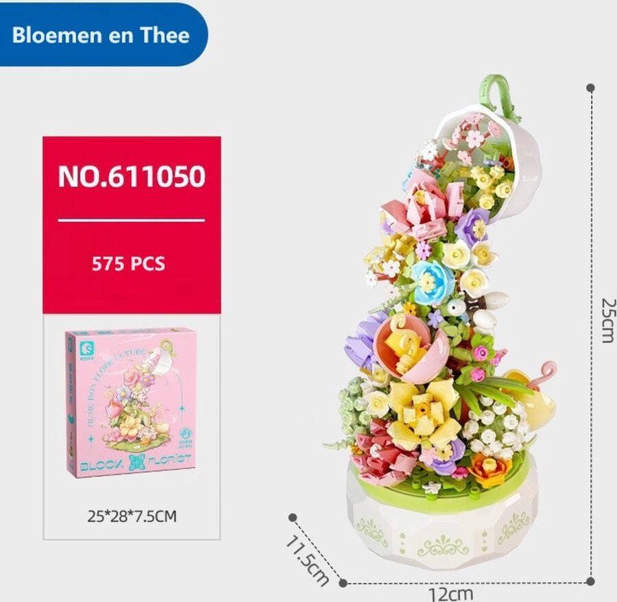 575+ PCS Bloemen en Thee Bouwstenen Lego Compatibel Verlichting Street View Muziekdoos Gemonteerd Bouwstenen Kinderspeelgoed Vakantiegeschenken