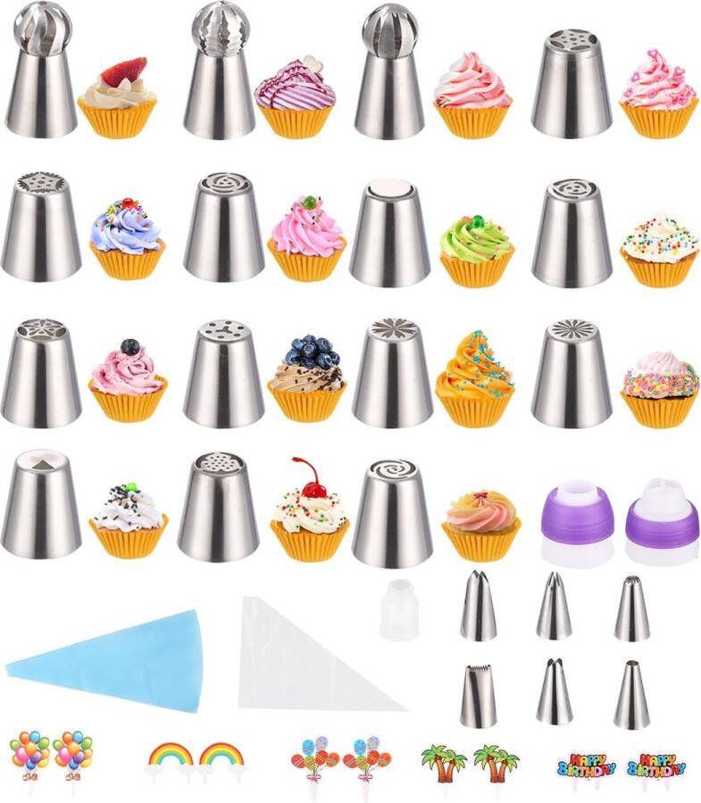 59 stuks Russische roestvrijstalen spuitmonden set spuitmonden bakaccessoires met siliconen spuitzak herbruikbaar en 3-kleuren in-1 adapter accessoires voor cupcake-decoratie taarten en cakes