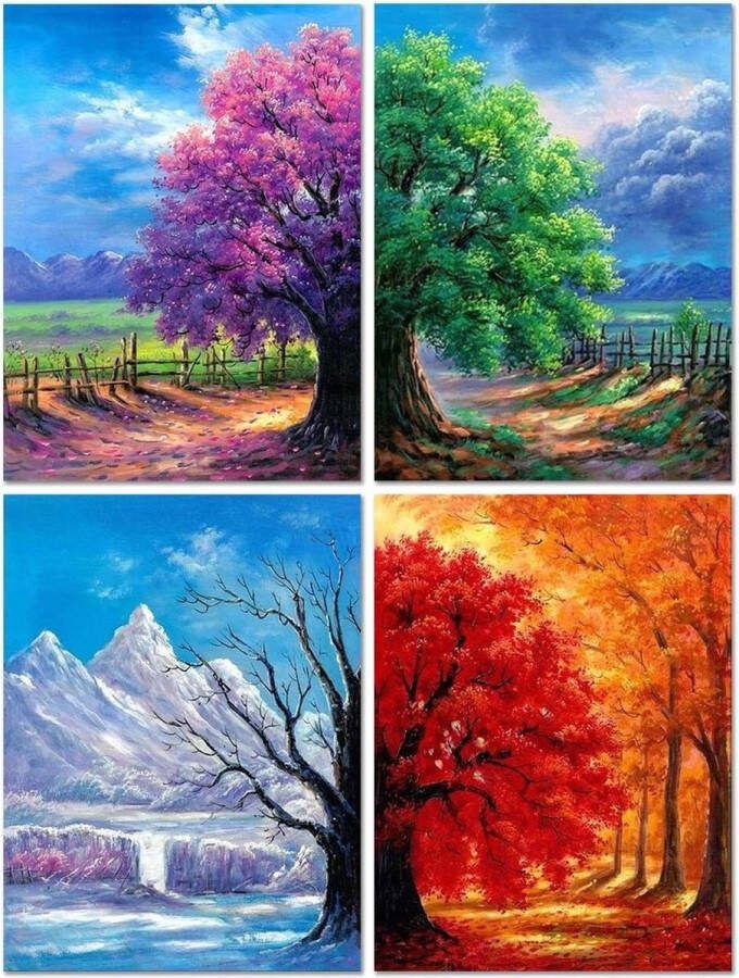5D-kits voor diamond painting 4-pack volwassenen doe-het-zelfkits diamantboren 4 seizoenen muurdecoratie woonkamer kunst en knutselen beginners Diamond painting