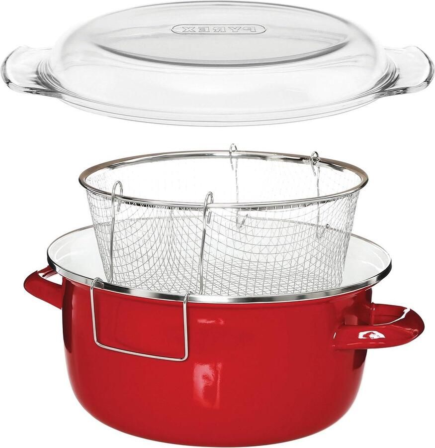 5L Emaille Chip Pan Glazen Deksel Rode Friteuse Kleine Friteuse 16x33x27