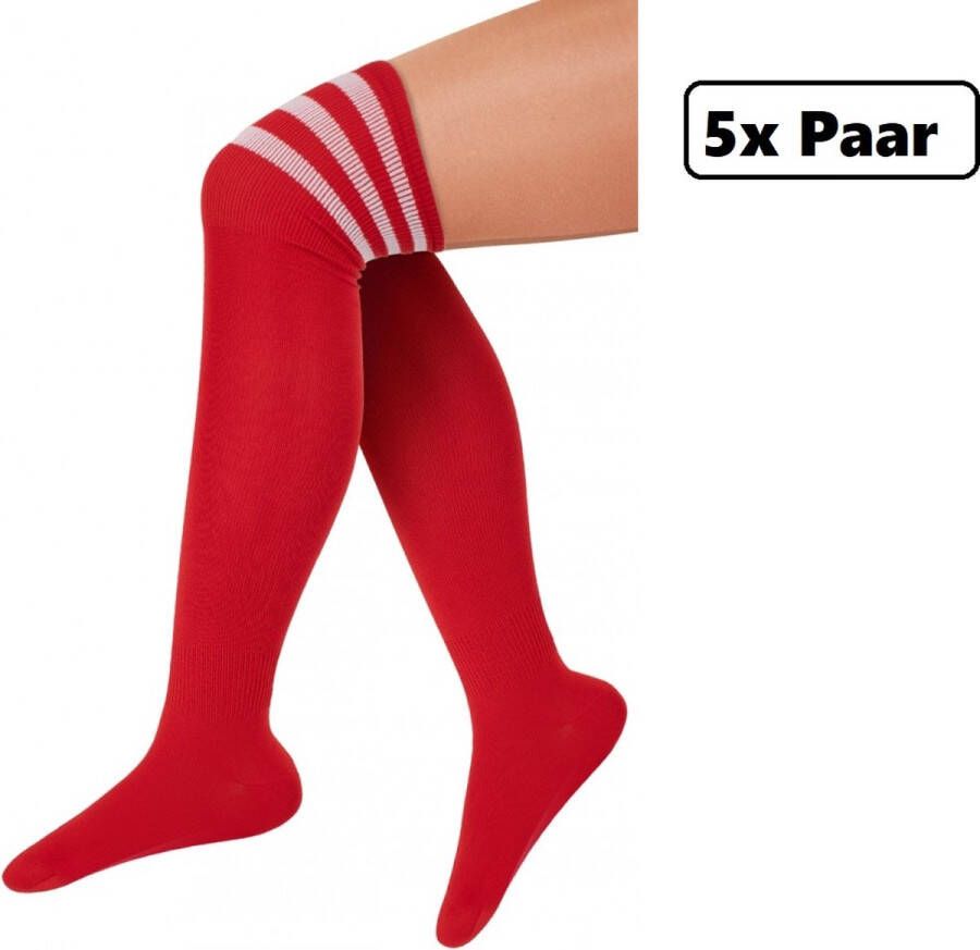 5x Paar Lange sokken rood met witte strepen maat 36-41 Lieskousen kniekousen overknee kousen sportsokken cheerleader carnaval voetbal hockey unisex festival