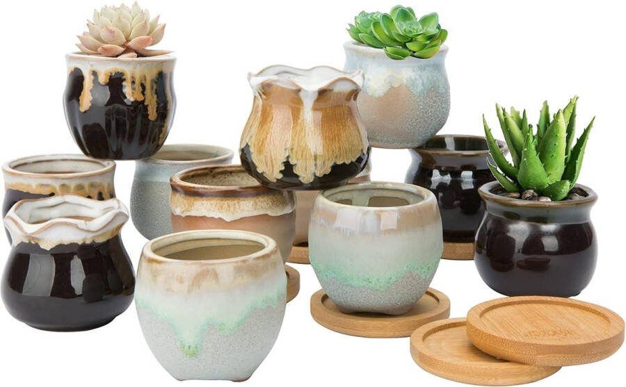 6 5 cm Keramisher vetplantenpot cactusplantenbakken voor binnen- en buitenplanten kleine bloempot vloeiend glazuur met drainagegaten en bamboe schoteltjes set van 12