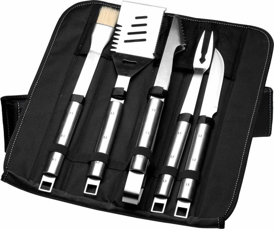 6-delige Barbecue Set met Vouwtas Grillvork Mes Marineerkwast Tang Spatel