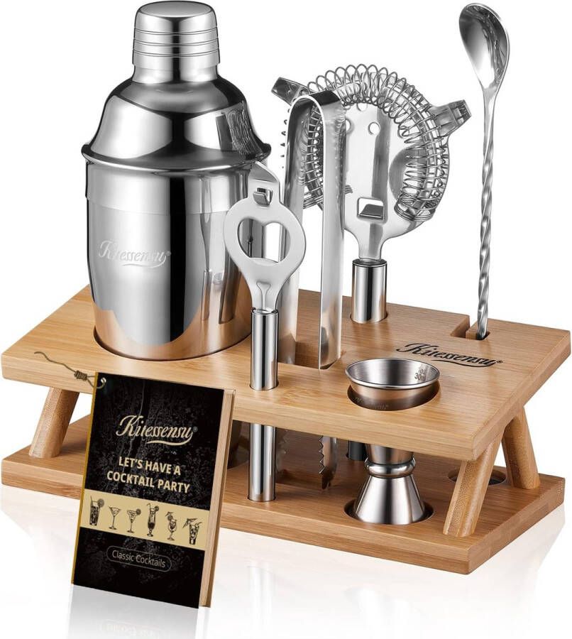 6-delige barset cocktailshakerset Mixology barmanset met standaard Zilveren barset voor het mixen van drankjes Bargereedschap: Martini Shaker maatbeker zeef tang opener