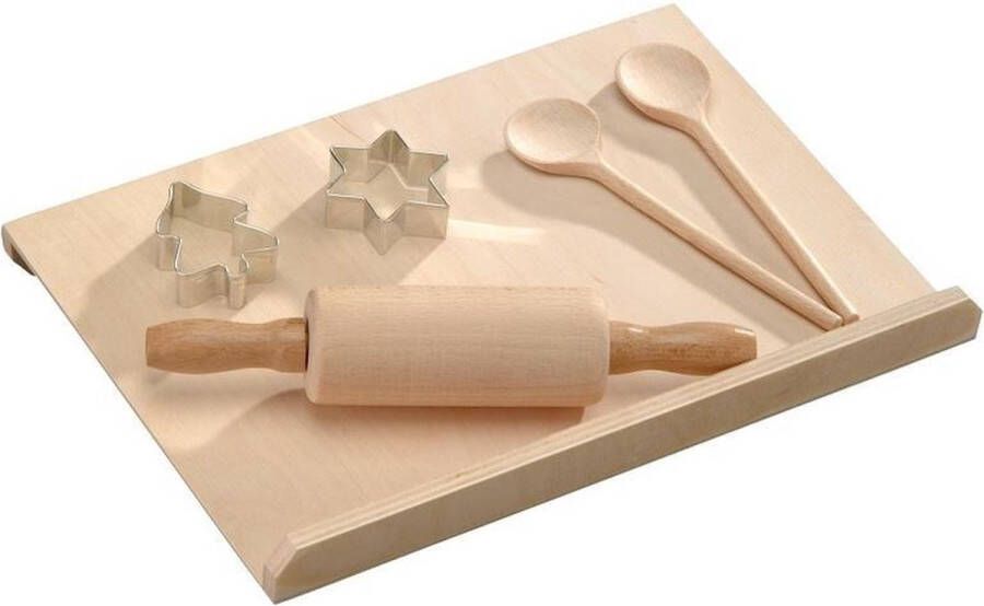 Kesper 6-Delige FSC Beuken Houten Kinderbakset Kinder Taart Gebak Bak Set Bak Rol Plaat Deegroller Lepels Uitsteek vormpjes