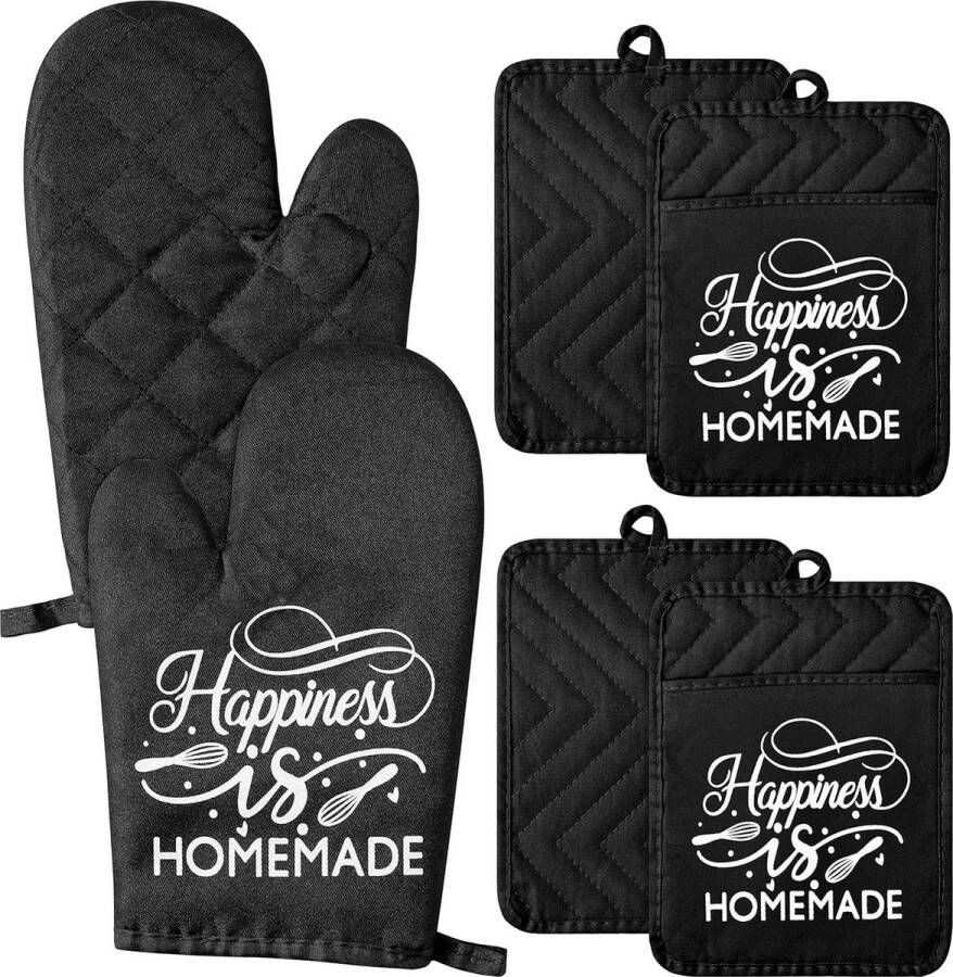 6-delige grappige ovenwantenset Happiness is Homemade hittebestendige hete pads machinewasbaar zakken pannenlappen met ophanglus voor veilig bakken koken grillen