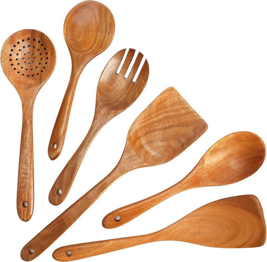 6-delige houten keukengereiset natuurlijke houten kooklepels en houten spatels voor pannen met antiaanbaklaag krasbestendig kookbestek met lange steel voor roeren en kruiden