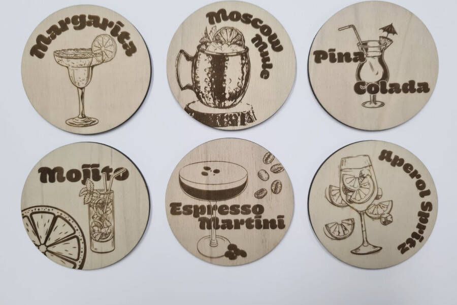 6-delige Houten Onderzetter Set Populaire Cocktails Tuinfeest & Party Decor 9 cm
