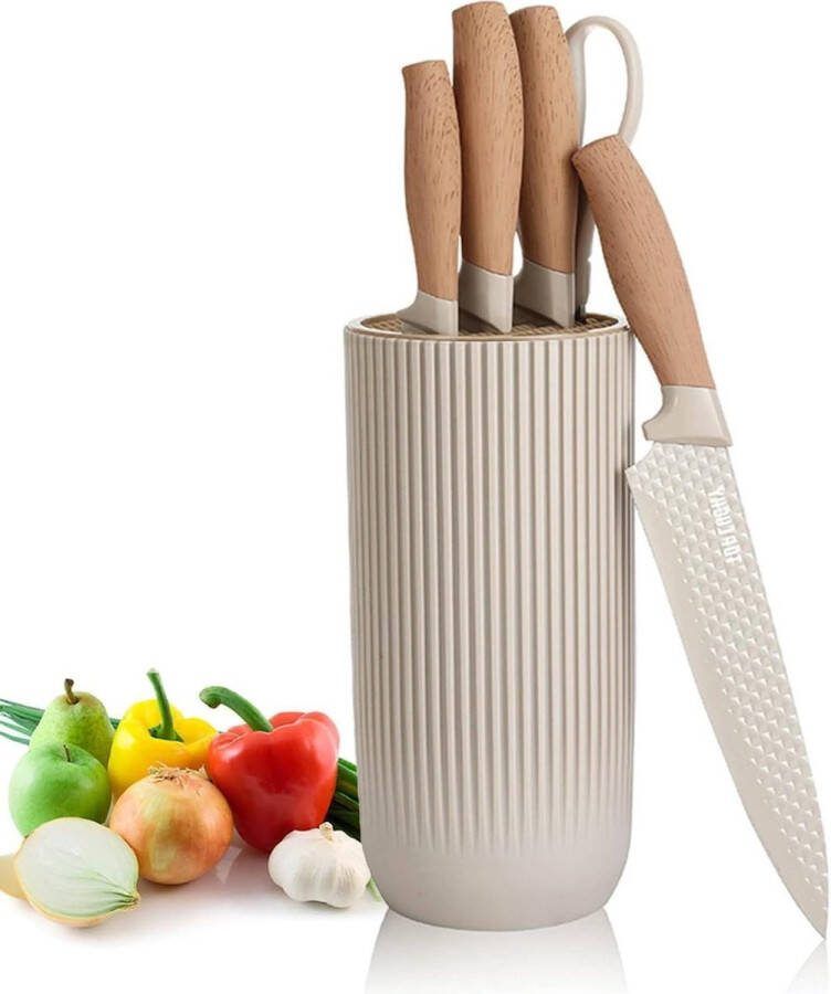 6-delige keukenmessenset met antiaanbaklaag en antislip handvat universeel messenblok kaki