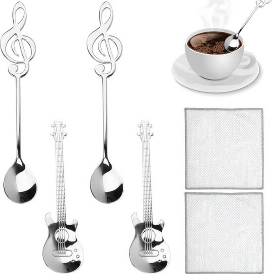 6-delige muzikale gitaarlepelset 2 espressolepels + 2 koffielepels met muzieknoot + 2 draadafwasdoeken roestvrijstalen theelepels voor koffiemilk