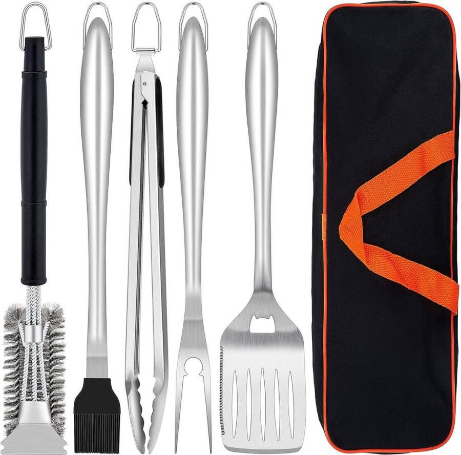 6-delige roestvrij stalen barbecuebestekset met draagtas tang spatel vork borstel barbecue-accessoireset voor mannen kerstcadeau