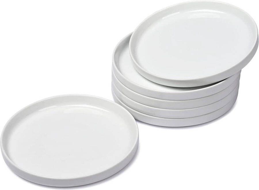 6-Delige Set Witte Dessertborden Φ18cm Porselein Verhoogde Rand Salade Pasta Brood Voorgerechten Bordenset