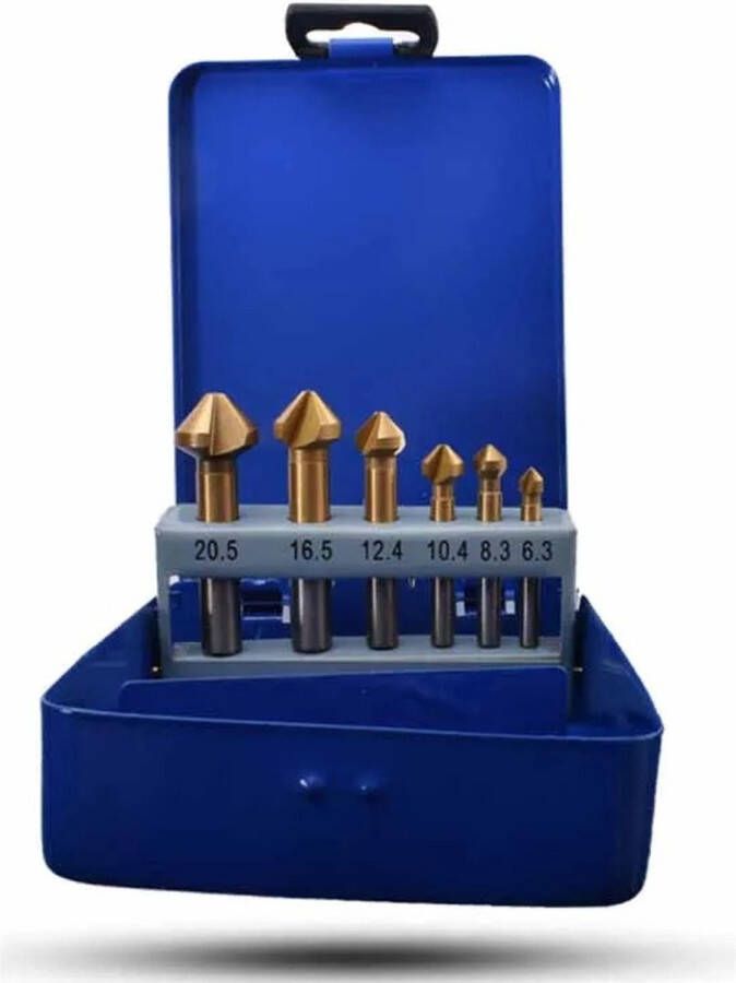 6-delige Verzinkboor set – Met titanium coating Verzinkboor metaal – HSS verzinkborenset met drie snijkanten – Countersink boot set 6 stuks 6 3mm; 8 3mm; 10 4mm; 12 4mm; 16 5mm; 20 5mm – Kegelverzinkbit set 6-delig