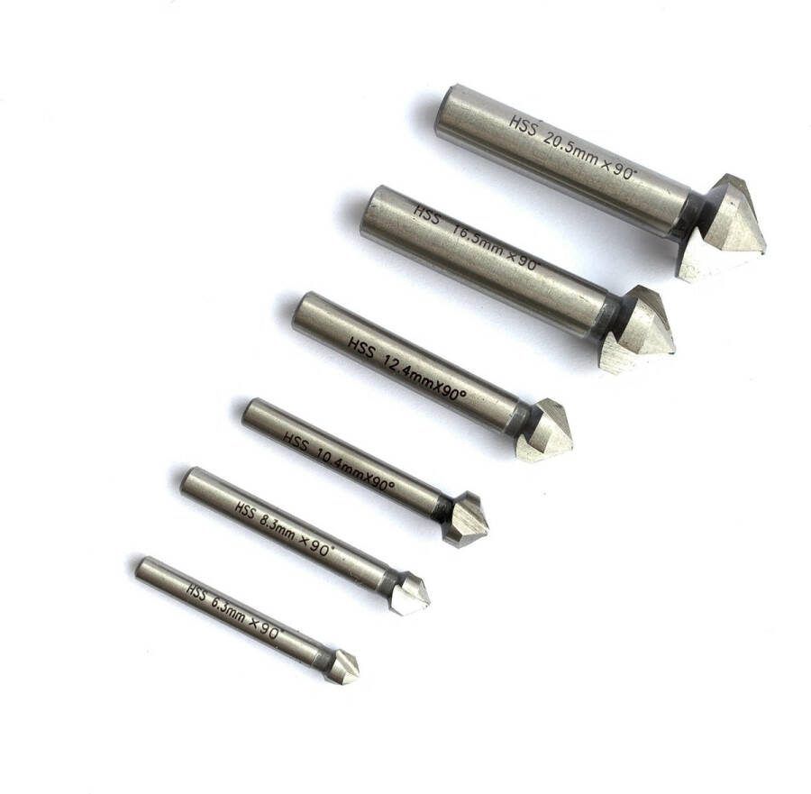 6-delige Verzinkboor set – Verzinkboor metaal – HSS verzinkborenset met drie snijkanten – Countersink boot set 6 stuks 6 3mm; 8 3mm; 10 4mm; 12 4mm; 16 5mm; 20 5mm – Kegelverzinkbit set 6-delig