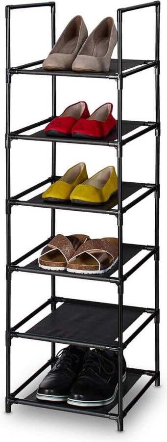 6-etages schoenenrek smal opbergrek 106x33x33 cm metalen frame stoffen planken zwart grijs