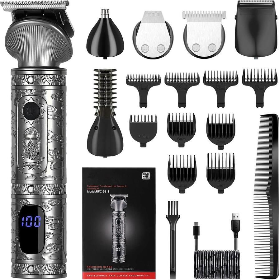 6-in-1 Baardtrimmer Mannen Tondeuse Mannen Trimmer voor Baard en Lichaam Incl. 15 opzetstukken Bodygroomer Mannen Bodytrimmer Heren Haar trimmer 0.5-15MM Neus en Oor Trimapparaat Baard Machine Multigroomer