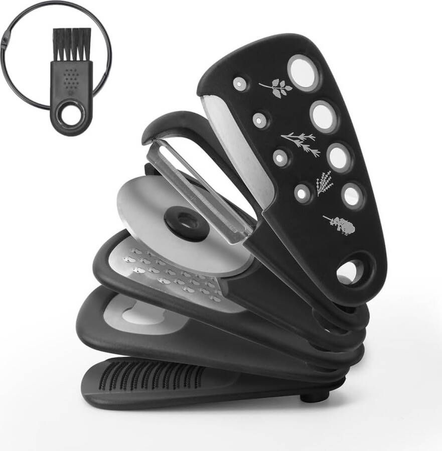 6-in-1 draagbaar keukengereedschap: kaasrasp flesopener fruit- en groenteschiller pizzasnijder knoflook- en gembermolen roestvrijstalen kruidenstripper. Ruimtebesparende kampeerkeukenaccessoires.