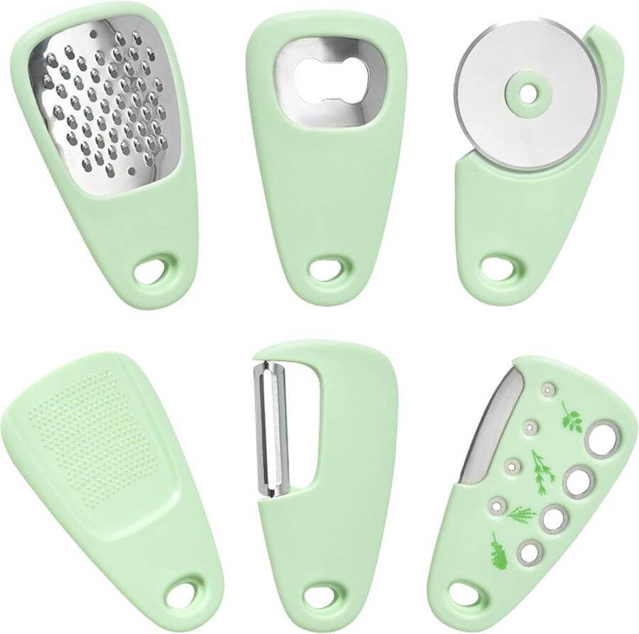 6-in-1 draagbare keukenhulp campingaccessoires keuken keukenhulp set kaasrasp fruit groenteschiller pizzacutter garlic gember mill roestvrij staal blad kruiden stripper