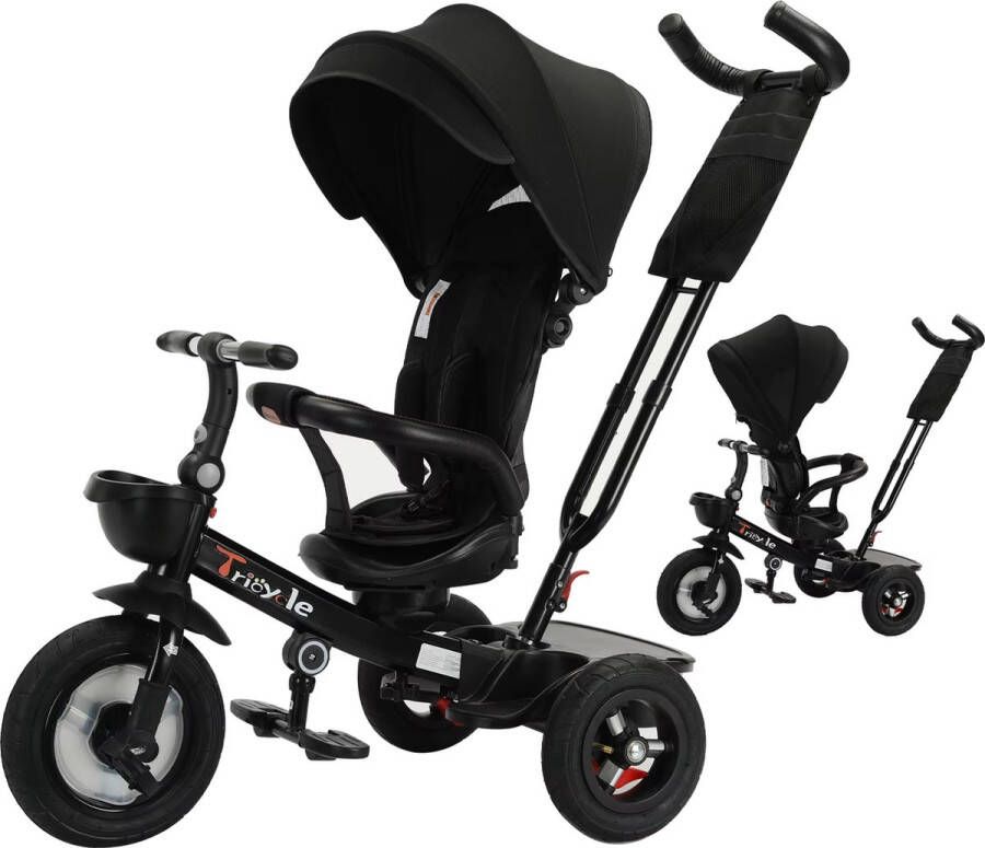 6 in 1 Driewieler Kinderwagen Driewieler Fiets Met Duwstang 360 Graden Rotatie Buggy Fiets Zonnescherm Kinderzitje Zwart Draaibaar Zitje 6 Maanden Tot 5 Jaar Met 3-Punts Gordel Tot 30kg