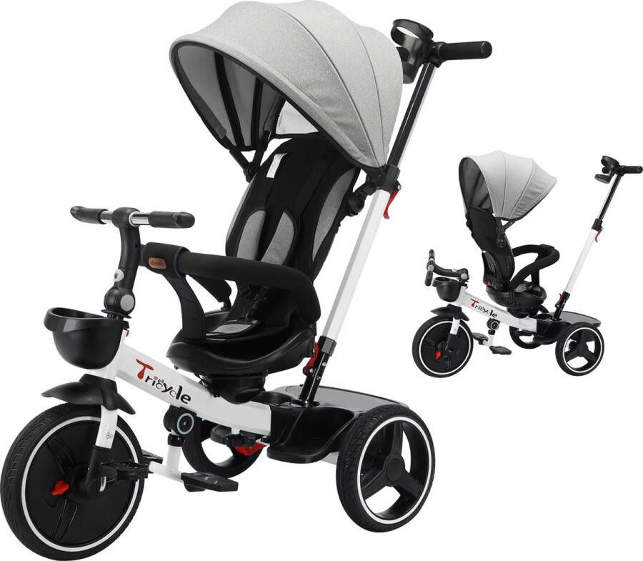 6 in 1 Driewieler Kinderwagen Driewieler Fiets Met Duwstang 360 Graden Rotatie Buggy Fiets Zonnescherm Kinderzitje Wit Grijs Draaibaar Zitje 6 Maanden Tot 5 Jaar Met 3-Punts Gordel Tot 30kg
