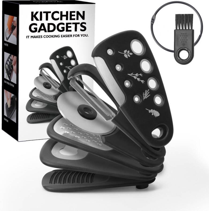 6-in-1 Keukengereedschap Set (Rasp- Dunschiller- Knoflookmolen- Flessenopener- Kruidenmes- Pizzasnijder) -Keukenset Kaasrasp- Aardappelschiller Kaasschaaf Knoflookpers Kruidensnijder