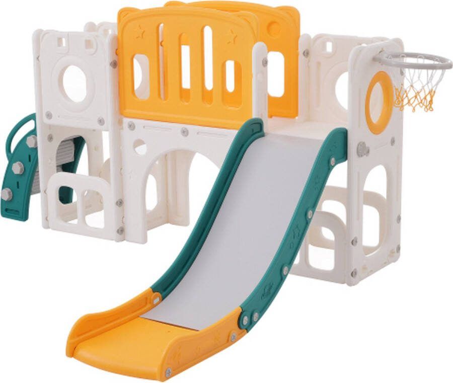 6-in-1 kinderglijbaan met één glijbaan twee platforms twee kluisjes op de vloer basketbalring en trappen Hogedichtheidpolyethyleen (oceaanballen niet inbegrepen