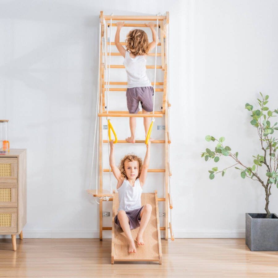 6-in-1 multifunctioneel speeltoestel klimrek multiplex massief hout beuken. 50KG. Glijbaan schommel kruipladder klimrek optrekgedeelte. Ringen. Jungle gymset