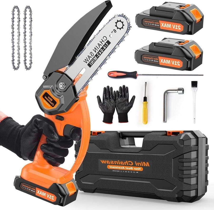 6 inch mini draagbare kettingzaag 21V tweestroom CE-Europese standaard accu oplader en moersleutel geschikt voor de tuin (oranje)