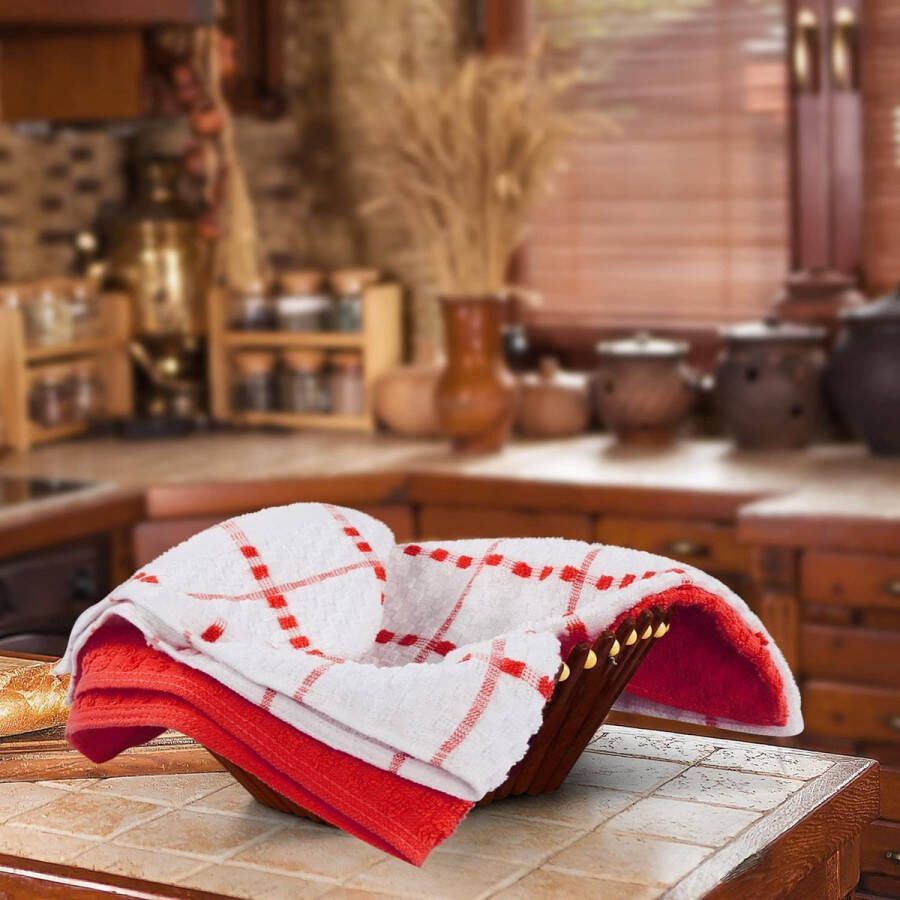 6 Keuken Handdoeken Set 38 x 64 cm 100% Ring Gesponnen Katoenen Superzacht en Absorberend Schotelantennes Theedoeken en Barkrukken Handdoeken (Rood en Wit)