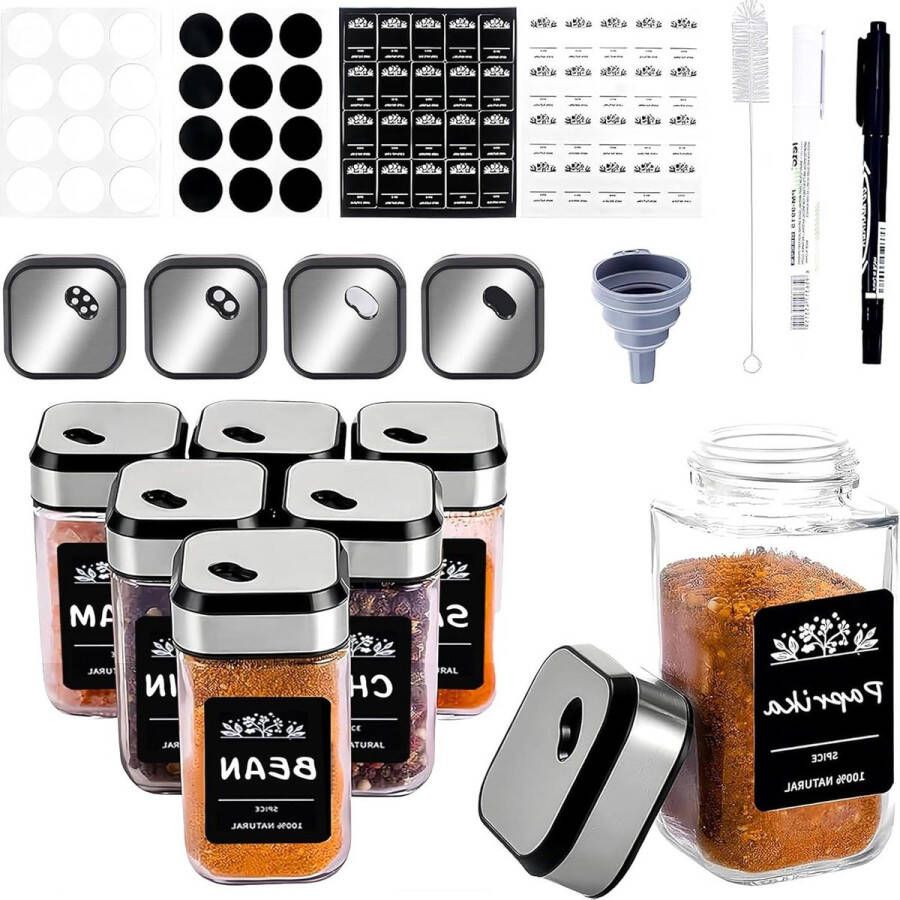 6 Kruidenpotjes Set Vierkant 120ML Glazen Kruidenpotjes Verdikt Roestvrij Staal Twist Top Kruidenbewaarset Kruidenetiketten Stift Zilver. kruidenpotjes vierkant