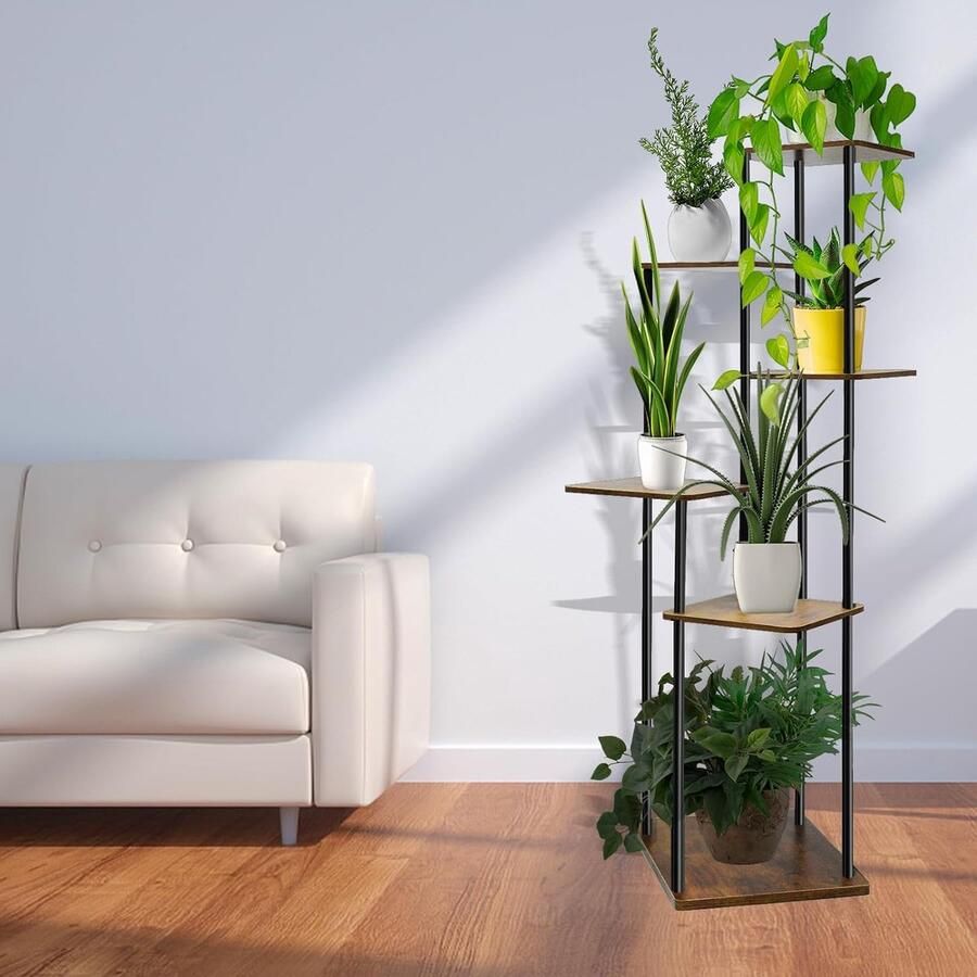 6-laags hoge hoek plantenstandaard binnen 114 cm grote gelaagde plantenpot plank voor meerdere planten houten metalen bloemenstandaard displayrek voor balkon woonkamer tuin buiten