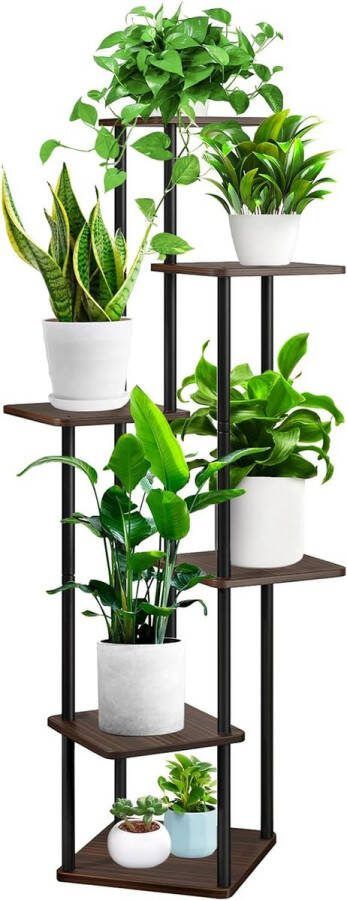 6-laags houten bloemenrek plantenrek meerdere verdiepingen bloemenstandaard bloemenbank bloementrap plantentrap staand rek voor binnen tuin balkon decoratie (zwart eiken)