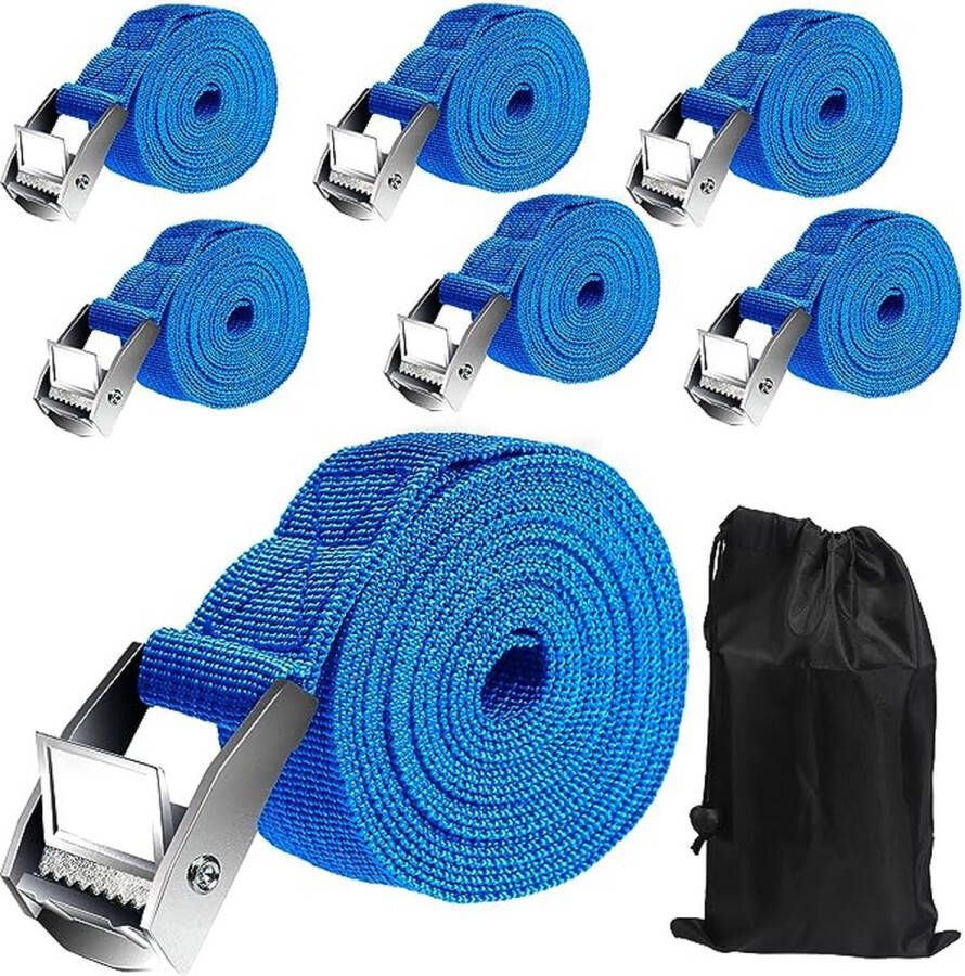 6 Spanbanden 2.5 m*2.5cm Sjorbanden met Klemsluiting Bevestigingsriem Belastbaar tot 250 kg Lengte 2.5 m Breedte 2.5 cm Blauw