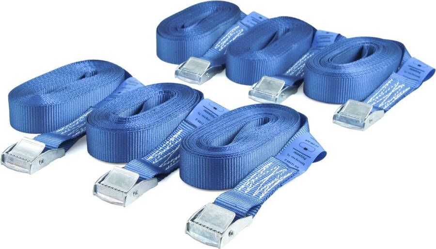 6 spanbanden sjorbanden met klemsluiting bevestigingsriem belastbaar tot 250 kg volgens DIN EN 12195-2 lengte 4 m breedte 25 mm eendelig blauw