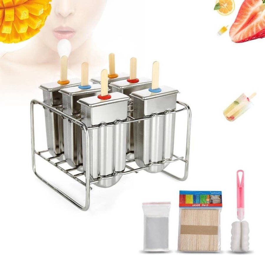 6 Stks RVS Ice Cream Mould DIY Ice Cream Maker Vriezer met Stick Houder Ice mold