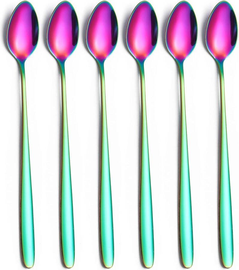 6 stuks 19 8 cm lange ijslepels roestvrij staal lepel met lange steel lange koffielepel theelepel dessertlepel longdrinklepel voor latte macchiato sundae (regenboogkleur)